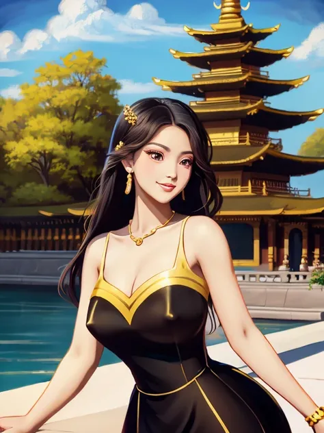 masterpiece, best quality, girl, solo, ((mature female)),, long hair, hair, princess, black dress(dress) (golden dress) fantasy, happy, looking at viewer, cartoon, anime, (oil painting)Burmese girl, 18 years old, Bagan pagoda view background, clear Hd 8k