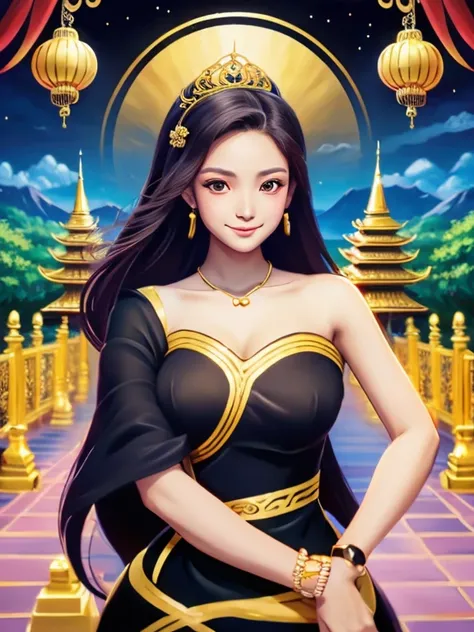 masterpiece, best quality, girl, solo, ((mature female)),, long hair, hair, princess, black dress(dress) (golden dress) fantasy,...