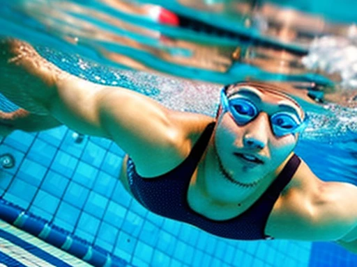 Full body image of a Japanese man、male student、Men&#39;s swimming club member、Male life saving club member、Men&#39;s water polo club members、Shaved Head Man、Dark-skinned man、muscular man、man sinking in the bathtub、man sinking at the bottom of the pool、man ...