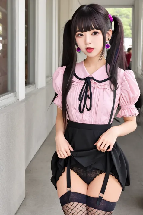 skirt, solo, twintails,  bangs, jewelry, pleated skirt, piercing, ear piercing, cross, black eyes, short sleeves, earrings、メンヘラ、両手でスカートたくし上げ、スカートリフトアップ、ツインテール、白いパンティー、パンティー見せる、綺麗な目、パンティー見せてください、下着、整った目、パンティー,都会の街中,整った綺麗な目、pink hair, light blue multicolored...