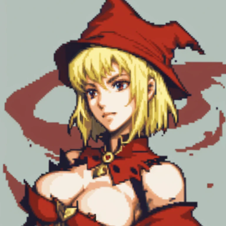 pixel style，solo,one color background，portrait，to chest，woman，blonde short hair，red pointed hat，witch，Royal sister