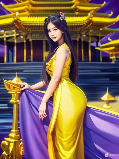 masterpiece, best quality, girl, solo, ((mature female)),, long hair, hair, princess,(upper yellow lower purple) silk dress black dress(dress) (golden dress) fantasy, happy, looking at viewer, cartoon, anime, (oil painting)Burmese girl, 18 years old, Bagan...