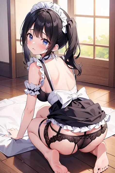 (highest quality), (masterpiece), 1080P, HD, 4K, 8K, Angle from directly below, frill motif, Woman on all fours facing back, Backward Facing Woman, tears, cry, Black hair pigtails, Maid clothes, mini skirt, butt, transparent black panties, garter belt, big...