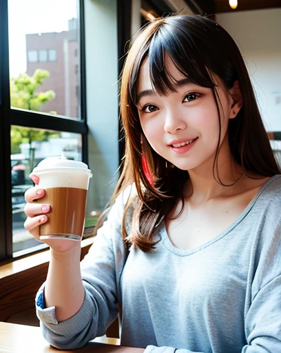 a young woman、in casual attire、In a cafe with bright natural light、Smiling and holding up his right index finger。Colorful coffee cups can be seen in the background。