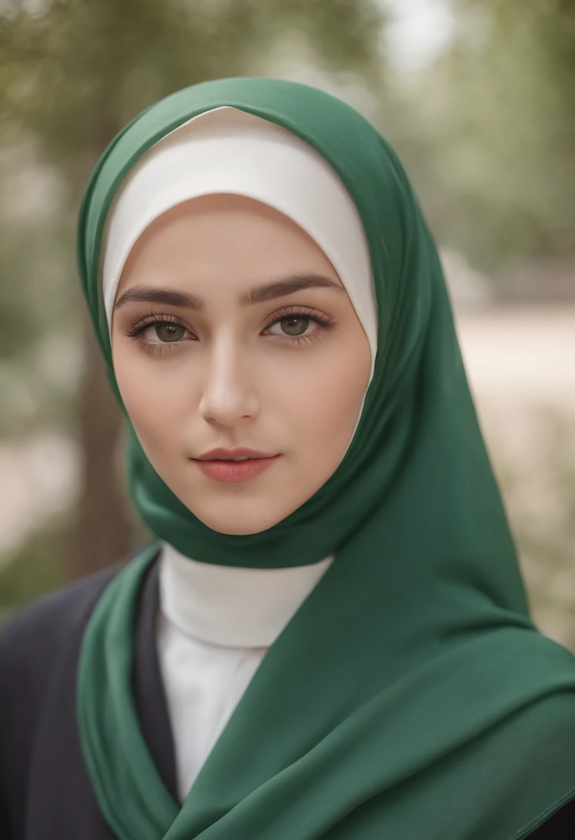 (RAW photo, best quality), POV, close-up, (realistic, photo-realistic:1.3), ((School Uniform)), HIJAB OUTFITS DRESS, best quality of Hijab Girl, Full Hijab Dress, Green Hijab, highly detailed, masterpiece, ultra-detailed, illustration, 1girl, upper_body, d...