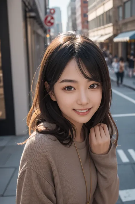 NSFW, Candid photo of a beautiful woman, with captivating eyes, smiling amidst a bustling city, upper body framing, in a street photography setting, golden hour lighting:1.3), shot at eye level, on a Fujifilm X-T4 with a 50mm lens, in the style of Alfred S...