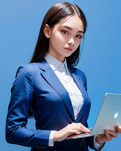 Confident young woman in smart casual attire, holding a sleek, modern laptop, standing with a posture of assurance, against a high-tech, digital blue background with abstract light patterns.