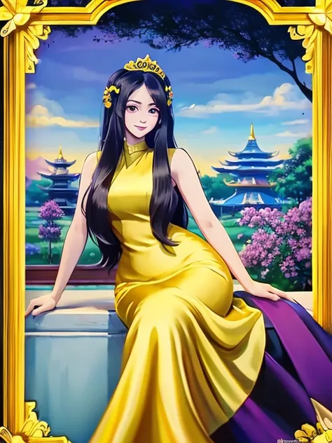 masterpiece, best quality, girl, solo, ((mature female)),, long hair, hair, princess,(upper yellow lower purple) silk dress black dress(dress) (golden dress) fantasy, happy, looking at viewer, cartoon, anime, (oil painting)Burmese girl, 18 years old, Bagan...