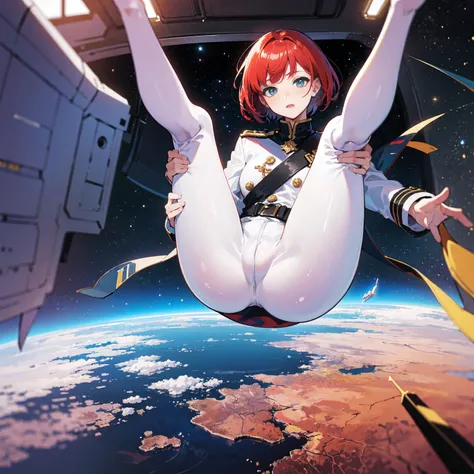 ((nsfw Masterpiece)), ((highest image quality)), ((highest image quality)), (illustration of one girl), full body, short red hair, (thin hair hanging down both sides of the face), blue eyes, ((tall)), ((chubby body)), (manspreading)), open legs, (military ...