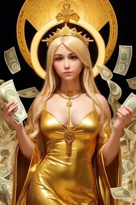 Produce a religious catolic painting of blond hair Our Lady of Money with golden chain with big golden dollar $ sign on chest. She is holding a lot of money. Money, money everywhere. Dolars, $$$$, Orange color layout. 