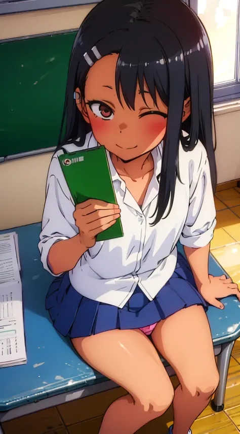 masterpiece,highest quality,Super detailed,8K,expensive,hair clip,light smile,blush,(I can see your panties:1.5), school uniform, classroom, school desk,school chair, sitting, spread your legs, skirt,light smile, writing, study, eraser, 