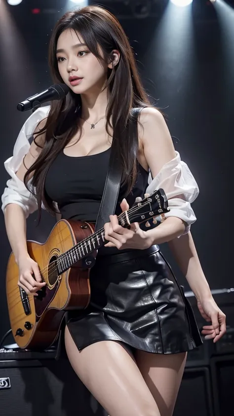 ผู้หญิงplay guitar live、Guitar Hold、 brown messy hair、((big breasts、breast augmentation、big breast))、Complex 6-string electric guitar:1.2、anatomically correct finger、gibson　Paul、1 guitar only、short leather skirt、short leather skirt、short leather skirt、shor...