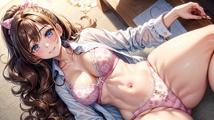 1girl, solo, summer, beack, brown hair, long hair, curly hair, ponytail, large breasts, button down shirt, ((white floral pattern shirt)), ((opened shirt)), blue eyes, ((pink bra)), belly reveal, smile, happy, looking at the viewer, ((running)), hair ribbo...