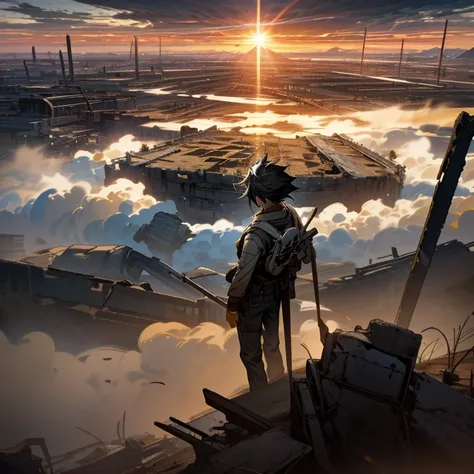 Amidst the ruins of a once vibrant town, a young boy mounted atop a magnificent robot prepared for battle. The air was thick with tension as the sun set, casting long shadows over the desolate landscape. Above the smoky horizon, a cloud formation took the ...