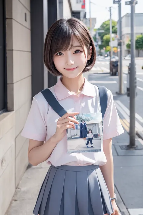 jpop girl groups cover of baka1s latest EC site, JK uniform short skirt, smile face, japanese short haired girl, holding a picture, in the style of light gray and silver, light indigo and light pink, faded memories, bold chromaticity, straight photography,...