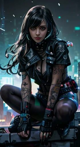 a woman with tattoos sitting on a ledge in a city, jet black haired garota ciberpunk, fantasia sombria cyberpunk sedutora, garota ciberpunk, Cyberpunk feminino, mulheres ciberpunk, deusa linda cyberpunk com raiva, linda garota cyberpunk, cyberpunk judy alv...