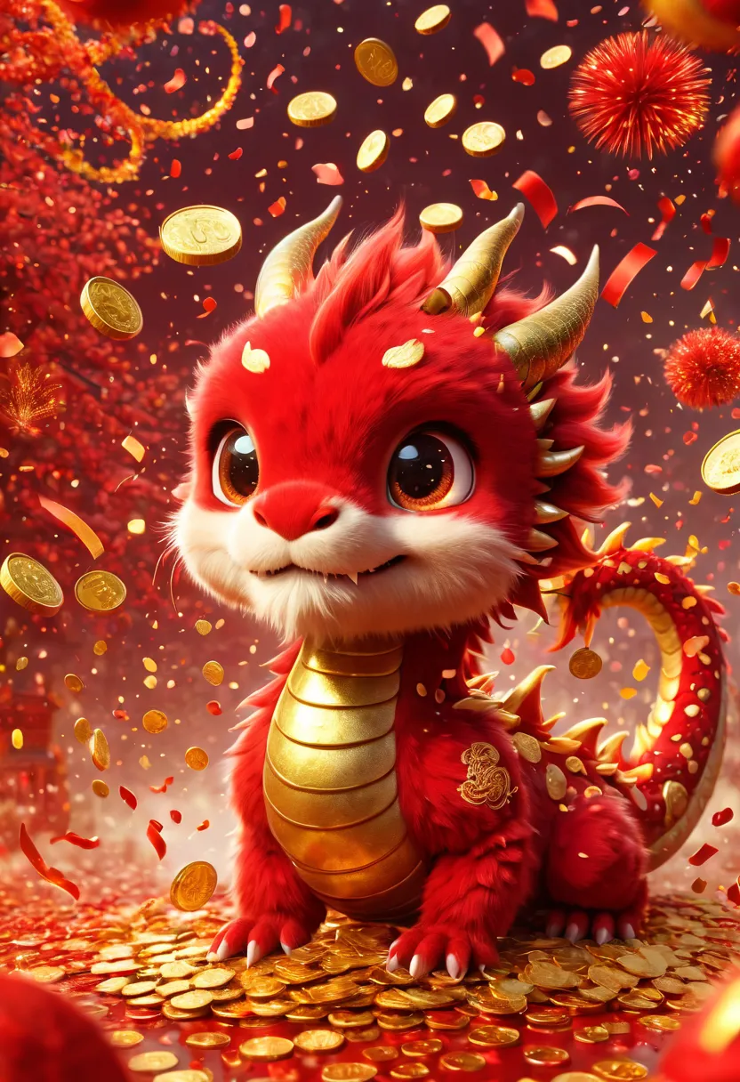 chinese illustration：cute，oriental dragon portrait，big furry head，hairy body，many gold coins burst out from firecrackers，red and...