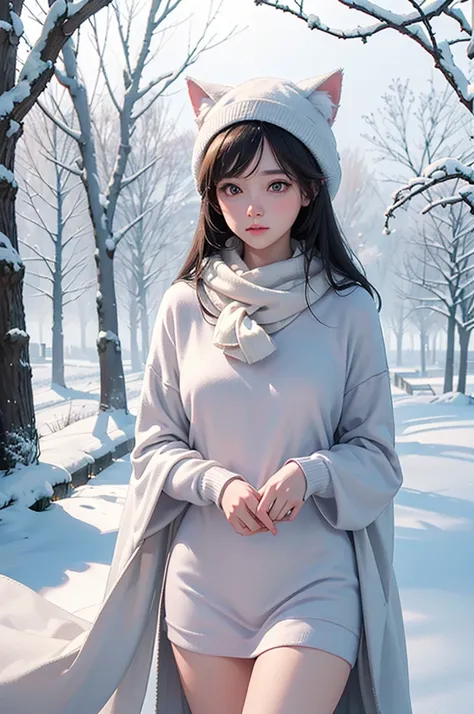 (best quality,4k,8k,highres,masterpiece:1.2),ultra-detailed,(realistic,photorealistic,photo-realistic:1.37),A cute cat girl with soft and fluffy white fur, with adorable detailed eyes and delicate pink nose and lips, standing in a snowy landscape. The girl...