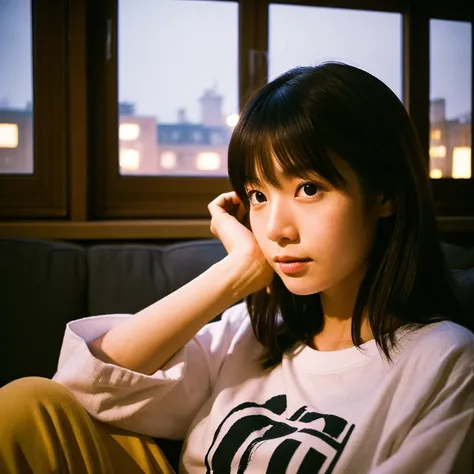 The face of a young Japanese woman posing like a model by the window. Focal length 100mmf/2.8, early winter night, living room on the upper floor of a tower apartment, plain T-shirt and shorts, close-up of eyes, film quality.