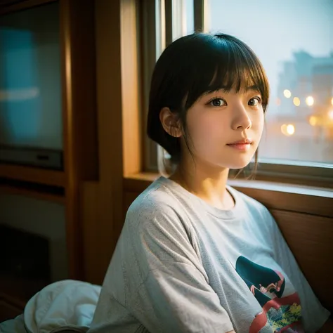 The face of a young Japanese woman posing like a model by the window. Focal length 100mmf/2.8, early winter night, living room on the upper floor of a tower apartment, plain T-shirt and shorts, close-up of eyes, film quality.