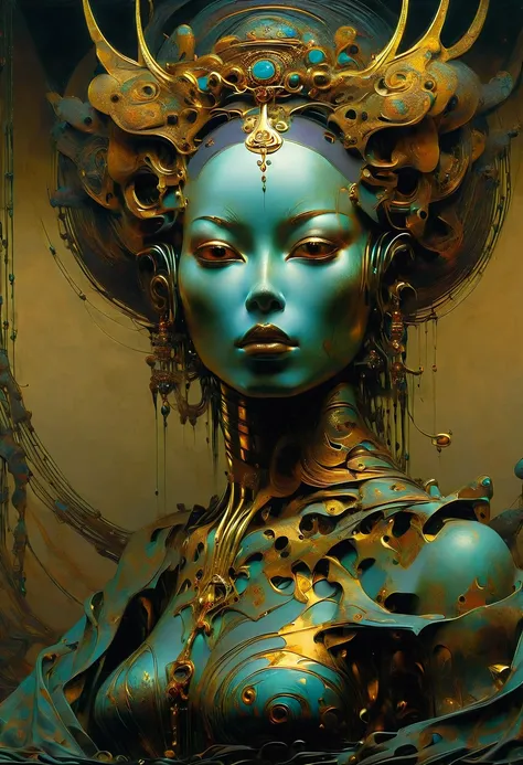 The face of a robotic geisha made of black obsidian, half in shadow, the reflection of a window on the surface. Style by Zdzislaw Beksinski, purple colors, brightly illuminated by thousands of colored crystals, translucent bubbles, large turquoise eyes, pe...