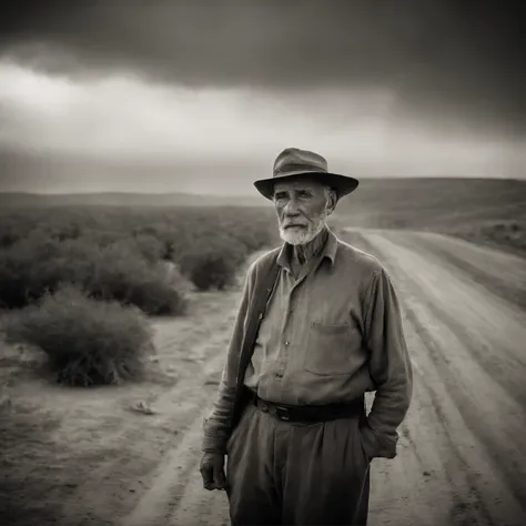 1922, old farmer, farmer looking at approaching dust storm, gloomy, grayscale, wide angle shot, hopeless mood