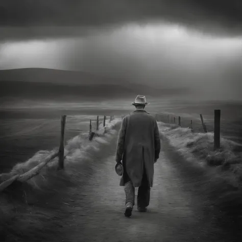 1922, old farmer, farmer looking at approaching dust storm, gloomy, grayscale, wide angle shot, hopeless mood, aged photo, film grain heavy, 