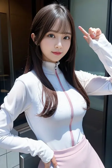 (Place your index finger on your chin, bend the index finger, Shiny rubber suit, gazing at viewer, Leaning forward, 1 girl, Looking at Viewer, from the front side, facing straight at viewer, white and pink clothes, White Gloves, futuristic spacesuit, Insid...