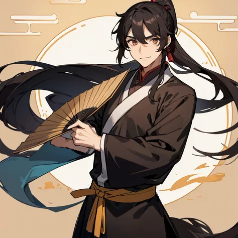 middle aged male，long black hair，high ponytail，Brown pupils，gentle smile，Pure black clothing，Chinese Hanfu，Thin and beautiful figure，holding folding fan