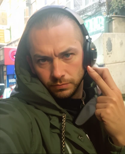 Close up of a face of a man in a green jacket, showing two fingers as a gun by his head, taxi driver movie color palette, city underground vibe, lost, no future, skinhead, numb eyes, bom,  8k selfie photograph, patryk hardziej, aphex twin, Underground Club...