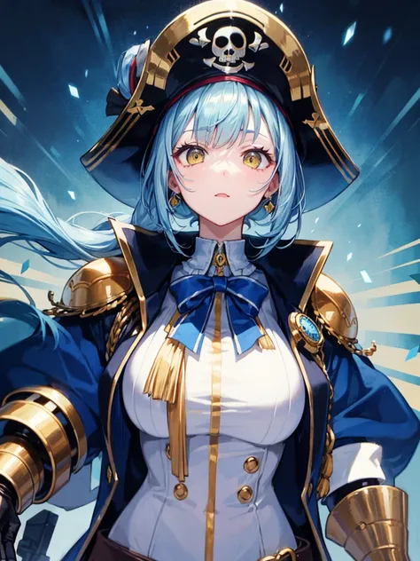 （（（masterpiece、Highest image quality、highest quality、highly detailed unity 8ｋwallpaper）））、（（Illustration of one girl、upper body））、（（（beautiful girl）））、（female pirate）、（Light light blue hair、short ponytail：1.2、yellow eyes）、（（（Right hand is a prosthetic hand...