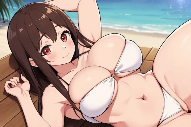 masterpiece, best quality, finely detailed, 1girlgiant, (brown), (bishoujo), cute, (red eyes), (eyelashes), (very large breasts), (Big pussy), (bikini), (white bikini: 1.2), Played on the screen, breasts squeezed