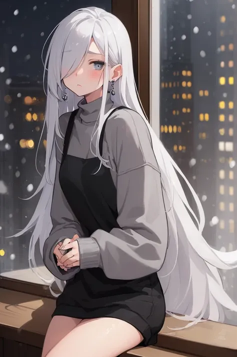 ((masterpiece:1.4, best quality:1.2)), 1girl, solo focus, beautiful skin, blush, grey sweatshirt, long white hair, grey eyes, sitting, earrings, Hands piercing, coffee shop window, night, snowing, cityscape, tall female, beautiful and delicate female, comf...