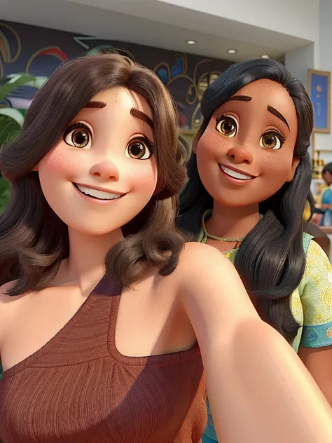 Duas mulheres sorrindo, uma de cabelo curto e pele clara outra de cabelo longo e ondulado pele morena no estilo disney pixar, alta qualidade, melhor qualidade.