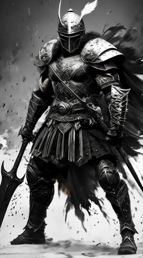 create a vertical image of a spartan warrior in dynamic battle-ready stance, monochromatic color scheme with ink-splatter effect...