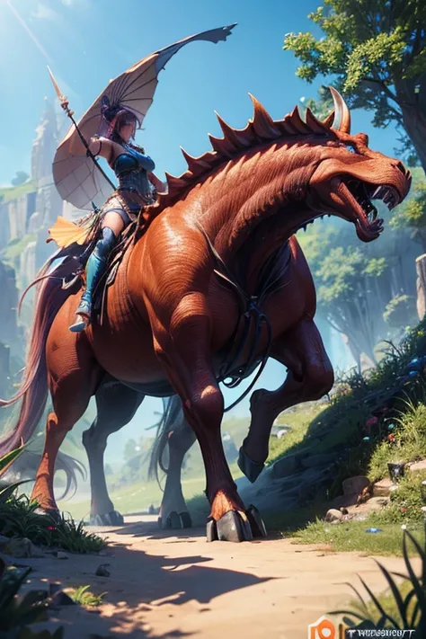 (best quality,4k,8k,highres,masterpiece:1.2), ultra-detailed, realistic, fantasy character, riding a large creature, 3D rendering stylized, multiple contest winner, trending on Polycount, 3D rendered character artwork in 8K resolution, (rendered using octa...