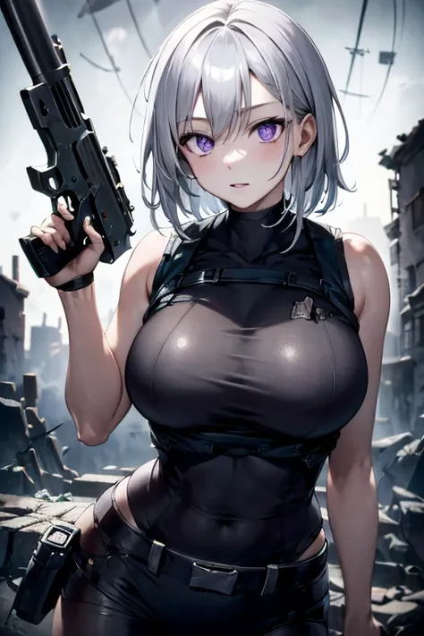 apocalypse, ruin town background, perfect lighting, dominant gray theme, silver hair and purple eyes, 1 girl, mature face, holding 9mm riffle, dressed in military vest, perfect body curves, 8k quality, perfect quality, perfect resolution