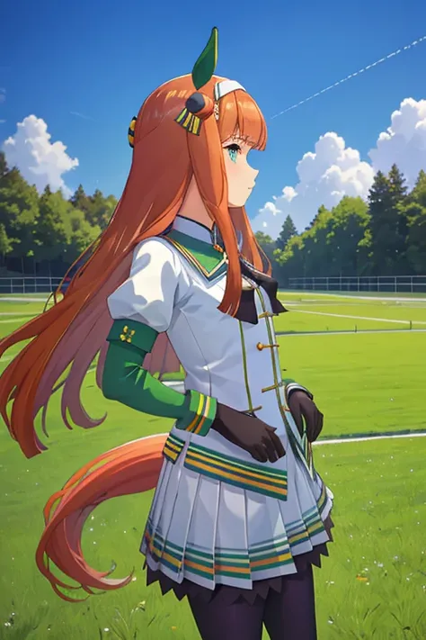 masterpiece,realistic, 1 girl,Silence Suzuka (umamusume),Silence Suzuka(racing),Uma Musume,horse ears,horse tail,orange hair,green eyes,long hair,ear covers,hair band,black gloves,black bowtie,Layered sleeves,Purple pantyhose,asymmetrical footwear,alone,on...