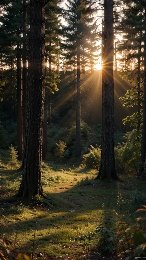 Nature 4k , realistic, dense forest, sunrise, perfect illumination 