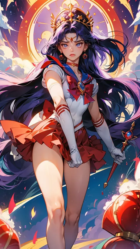 outfit1 sama1, tiara, sailor senshi uniform, white gloves, red sailor collar, red skirt, star choker, elbow gloves, pleated skirt, bare legs, purple bow,sailor mars, "Visually depict the powerful Sailor Mars with her scarlet red uniform, flowing hair and a...