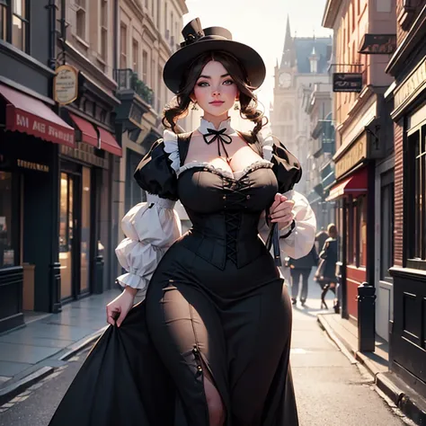 Hyper-realistic, masterpiece, screen shot, best quality, beautiful portrait, long shot portrait, high resolution, 8k, 1girl, smiley cocky smirk, a woman in a black dress, plus size model, plump, walking down a street, walking in evening, Victorian lady, a ...