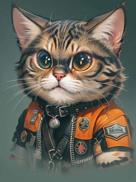 C4tt4stic, Cartoon,"Please create an illustration of a cool cat wearing a motorcycle jacket. This cat exudes confidence and has a fearless look in its eyes. The jacket has embroidered patches on the back, and the collar and cuffs are adorned with studs. It...