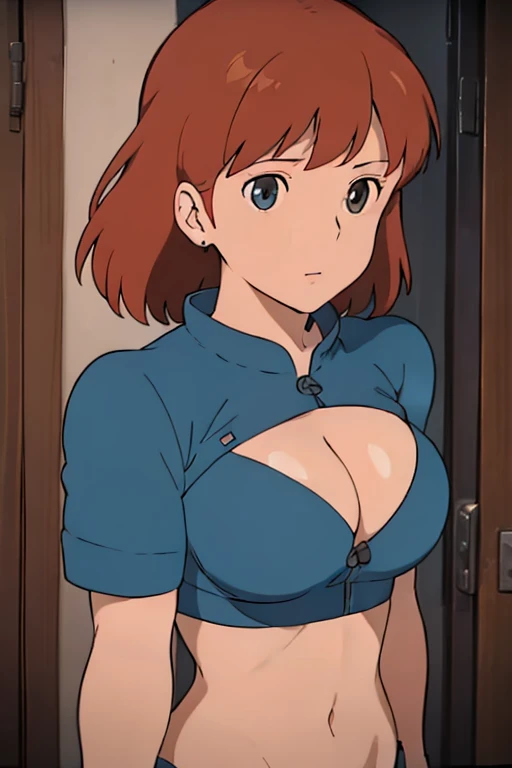 (masterpiece, best quality, high resolution, anime screencap, anime colored, 8k, photorealistic), Nausicaa, solo, brown hair, looking at viewer, huge breasts, cleavage, (blue bikini), upper body, forest, (perfect detailed anatomy, beautiful detailed face&e...