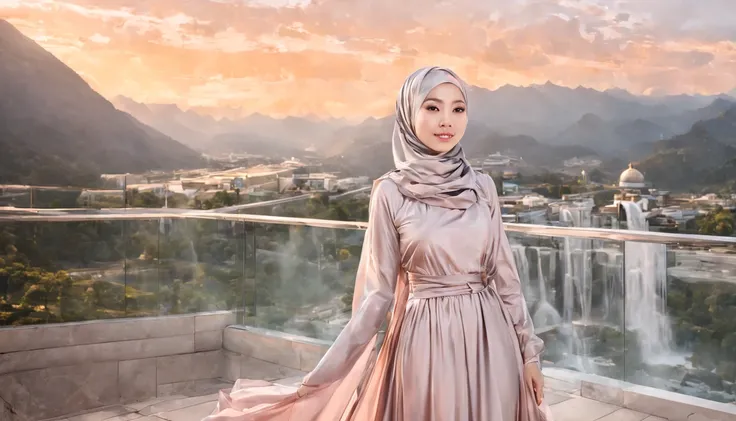 a woman, asian girl, wear hijab and long dress, sunset color palette, hijabdress, standing in front modern sci-fi house build fr...