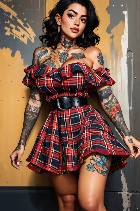 (masterpiece, best quality), 8k, portrait of a 22 yo female, large breasts, short plaid dress, off-shoulder dress, ruffled, waist belt, tattooedgirl