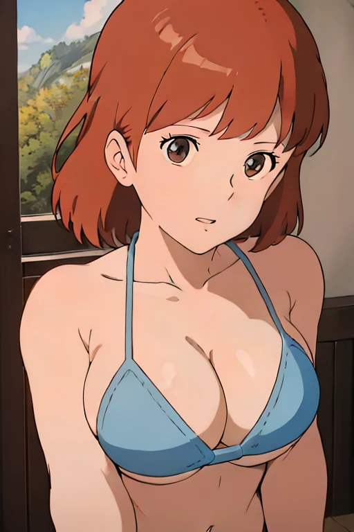 (masterpiece, best quality, high resolution, anime screencap, anime colored, 8k, photorealistic), Nausicaa, solo, brown hair, looking at viewer, huge breasts, cleavage, (white micro bikini:1.5), upper body, forest, sunshine, (perfect detailed anatomy, beau...