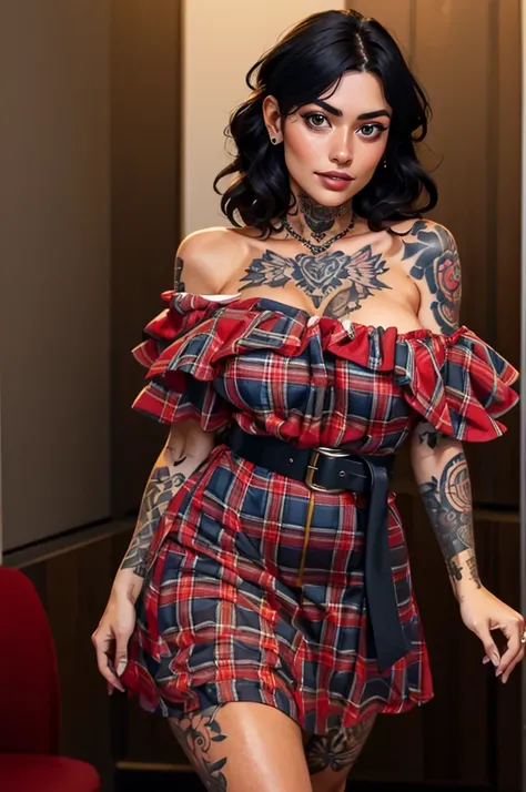 (masterpiece, best quality), 8k, portrait of a 38 yo female, large breasts, short plaid dress, off-shoulder dress, ruffled, waist belt, tattooedgirl