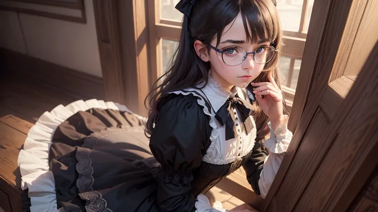 (Best quality, masterpiece), 1 girl, Victorian maid, Glasses, Shy, 1 girl, young girl, (goosebumps:0.7), Beautiful face, (Eyeliner, pomade:0.9), 4K, 8K, UHD, HDR, detailed information, background, the panorama