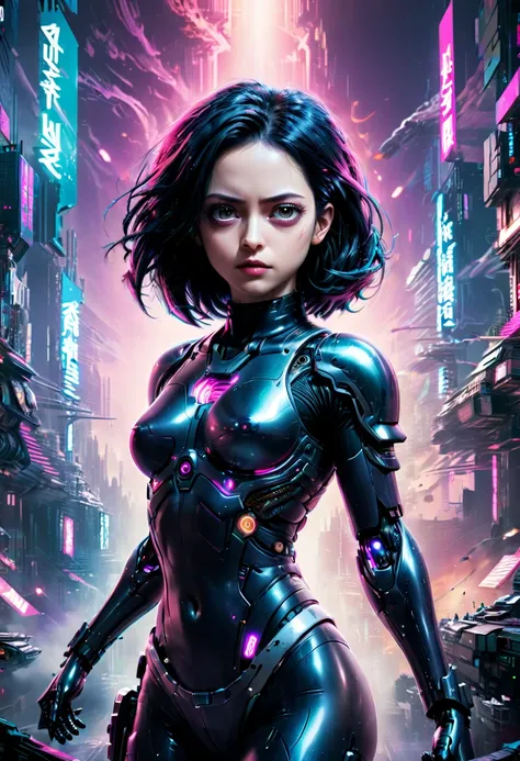 vaporwave art, movie "Alita: Battle Angel", cyberpunk, panoramic, Ultra high saturation, (best quality, masterpiece, Representative work, official art, Professional, 8k)