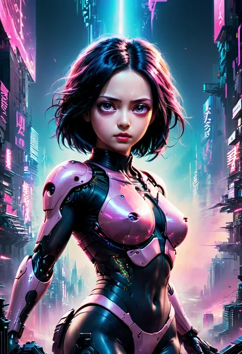 vaporwave art, movie "Alita: Battle Angel", cyberpunk, panoramic, Ultra high saturation, (best quality, masterpiece, Representative work, official art, Professional, 8k)